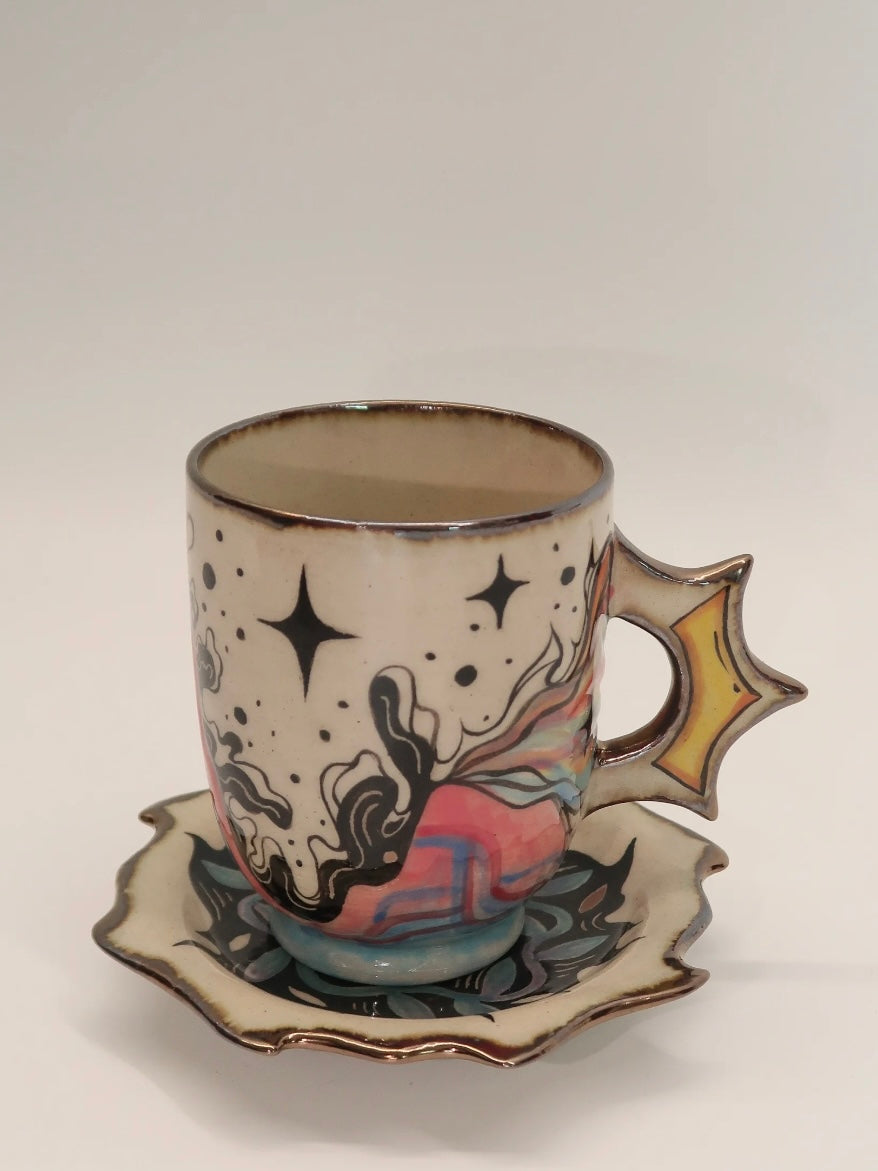 "Mountain & Sea" Hand-Painted Ceramic Cup & Saucer Set – Underglaze Art Pottery