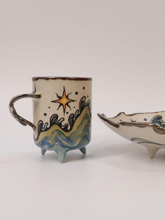 "Celestial Harmony" Hand-Painted Ceramic Cup & Saucer Set – Underglaze Art Pottery