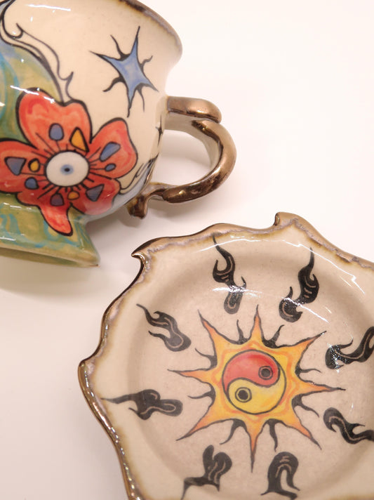 "Solar Radiance" Hand-Painted Cup & Saucer Set – Underglaze Art Pottery