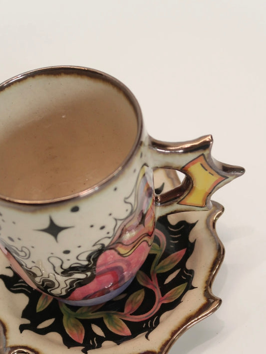 "Mountain & Sea" Hand-Painted Ceramic Cup & Saucer Set – Underglaze Art Pottery