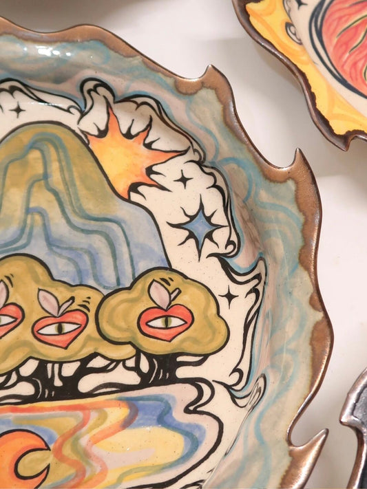 "Mountain & Lake Serenity" Hand-Painted Ceramic Plate – 8.5’’ Underglaze Art Plate