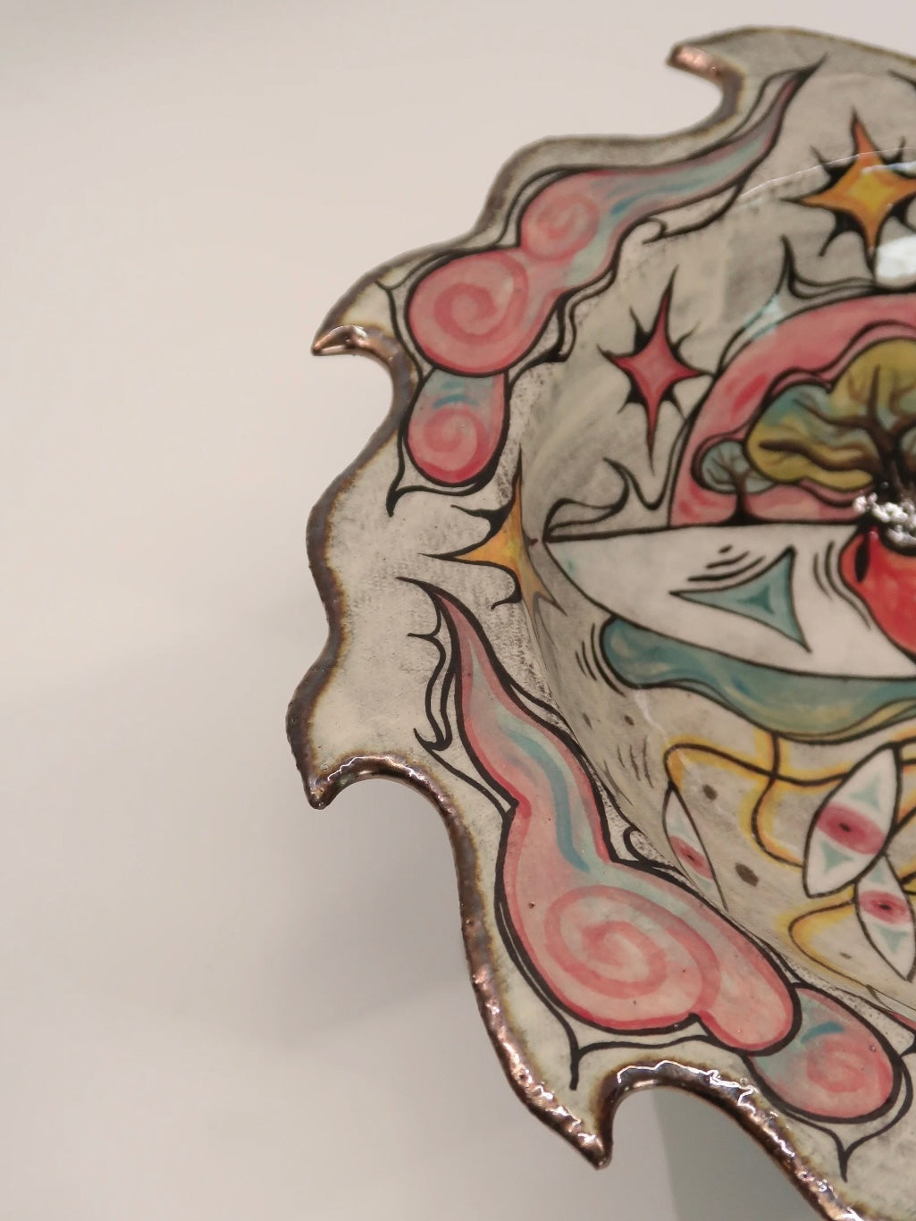 "Pink Jellyfish & Cosmic Tree" Hand-Painted Ceramic Plate – 10.6’’ Underglaze Art Plate
