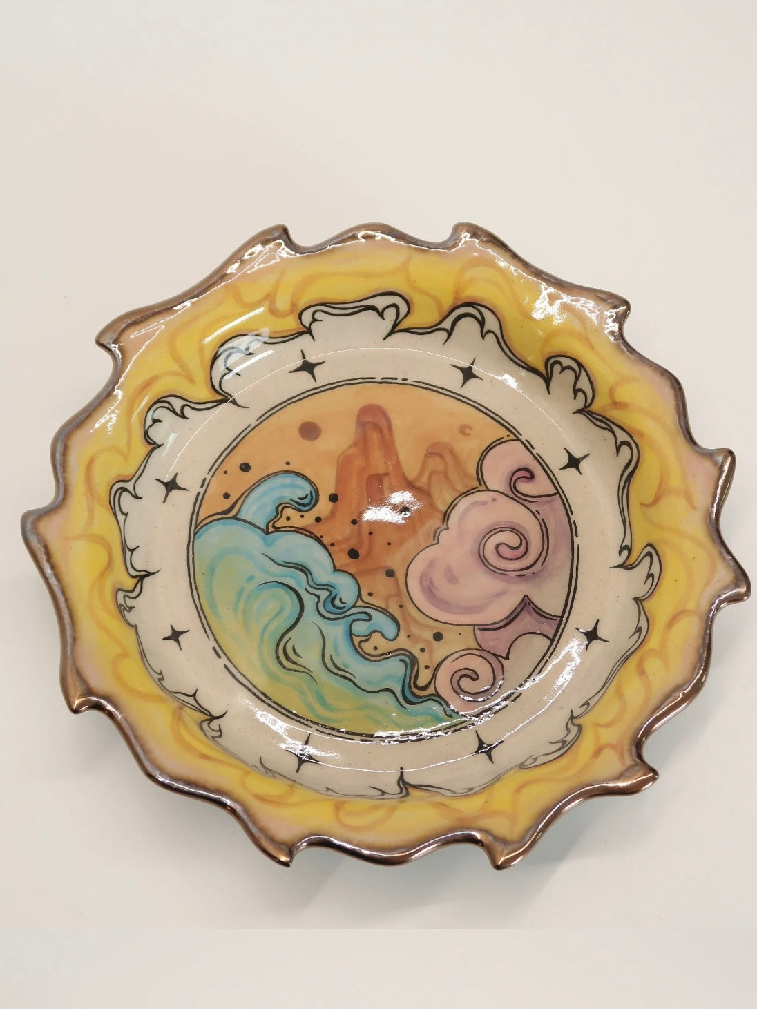 "Mountain & Sea Dreams" Hand-Painted Ceramic Plate – 8.5’’ Underglaze Art Plate