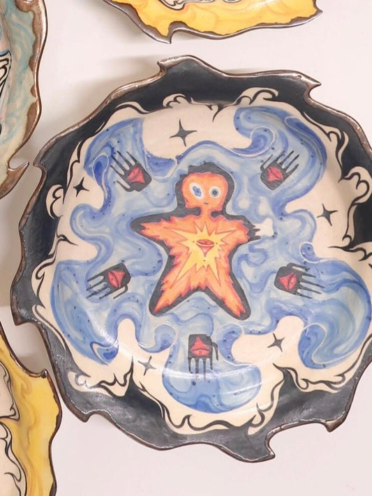 "Celestial Alien Voyager" Hand-Painted Ceramic Plate – 8.5’’ Underglaze Art Plate