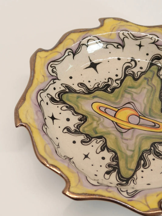 "Pulsating Cosmos Moon" Hand-Painted Ceramic Plate – 8.5’’ Underglaze Art Plate