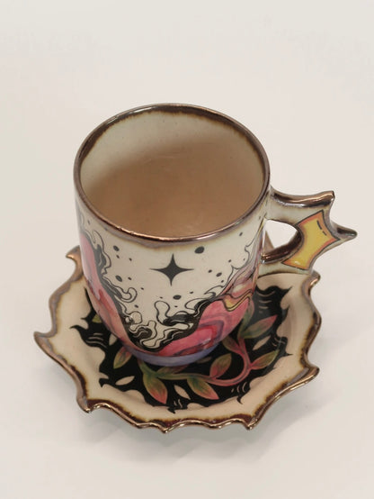"Mountain & Sea" Hand-Painted Ceramic Cup & Saucer Set – Underglaze Art Pottery