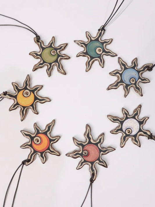 "Celestial Sun & Moon" Hand-Painted Ceramic Necklace – Underglaze Art Craft