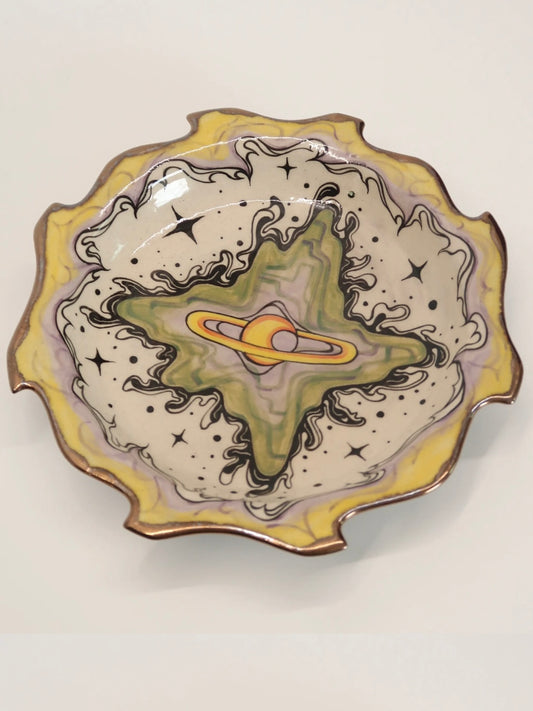 "Pulsating Cosmos Moon" Hand-Painted Ceramic Plate – 8.5’’ Underglaze Art Plate