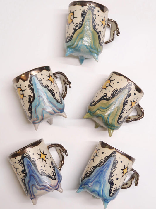 "Mountain & Sea" Hand-Painted Ceramic Mug – Wave-Textured Handle
