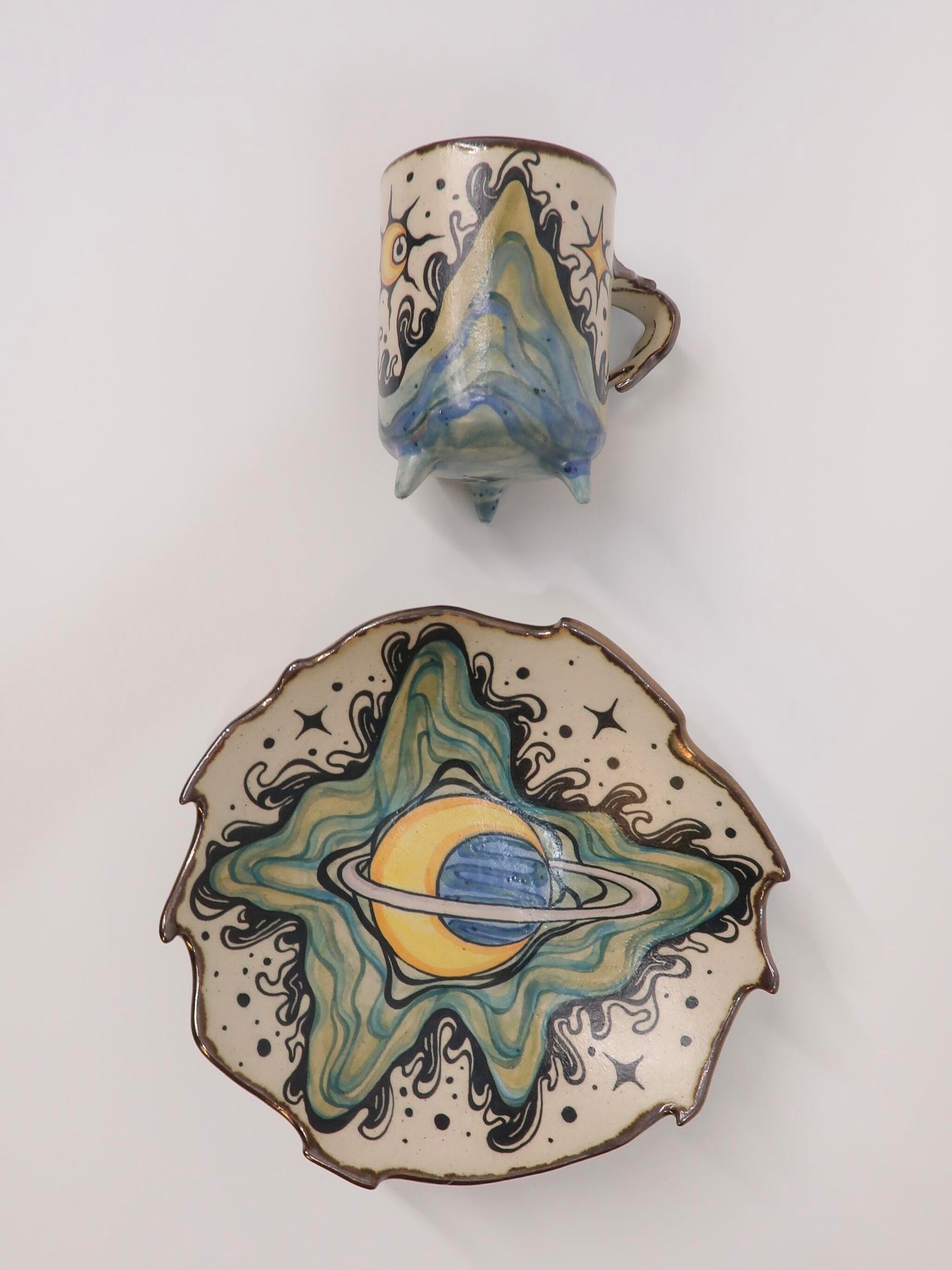 "Celestial Harmony" Hand-Painted Ceramic Cup & Saucer Set – Underglaze Art Pottery