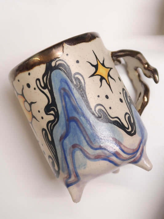 "Mountain & Sea" Hand-Painted Ceramic Mug – Wave-Textured Handle