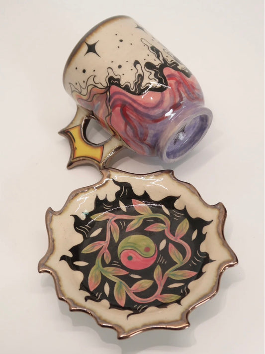 "Mountain & Sea" Hand-Painted Ceramic Cup & Saucer Set – Underglaze Art Pottery
